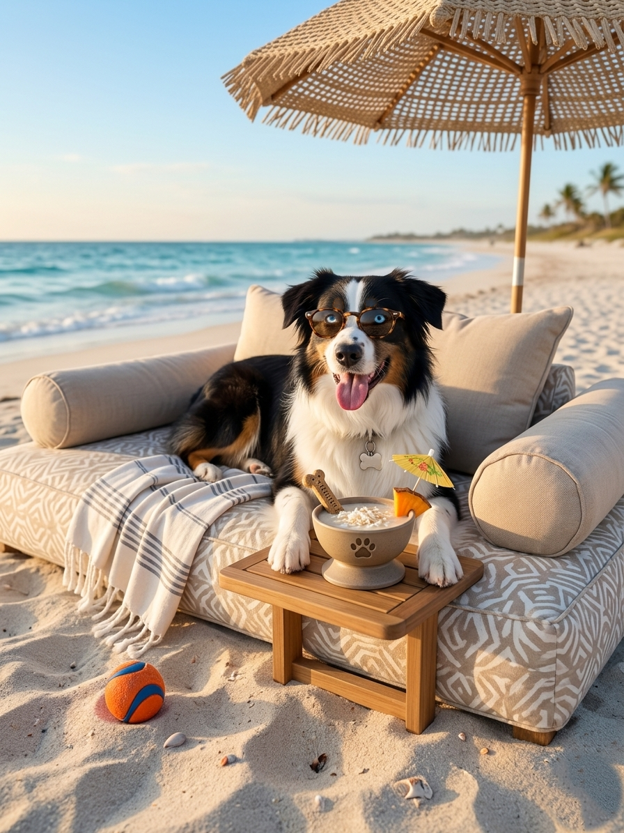 Benny relaxing on the beach with a cocktail